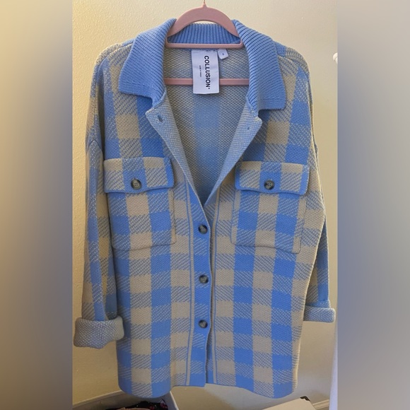 COLLUSION Unisex knitted shacket with pocket detail in checked print - Picture 4 of 6